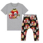 Halloween outfit with red spooky meal print leggings and a matching top featuring creepy fast food design.