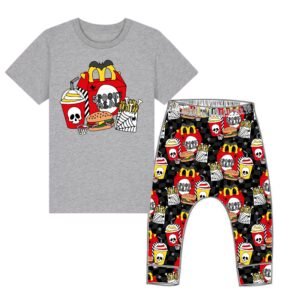 Halloween outfit with red spooky meal print leggings and a matching top featuring creepy fast food design.