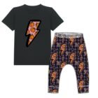 baby and toddler Halloween outfit with black organic t-shirt featuring pumpkin lightning bolt graphic and matching pumpkin print leggings.