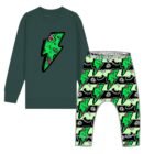 Children's zombie Bolt Halloween ouotfit with green lightning bolt print leggings and a matching grey jumper featuring a bold bolt design.