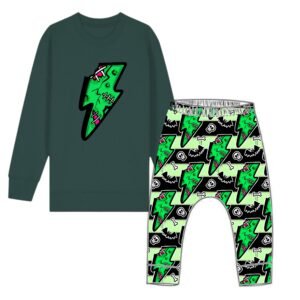 Children's zombie Bolt Halloween ouotfit with green lightning bolt print leggings and a matching grey jumper featuring a bold bolt design.