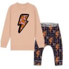 children's Halloween outfit set featuring a jumper with pumpkin lightning bolt graphic and matching print leggings.