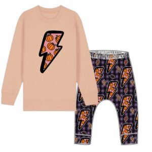 children's Halloween outfit set featuring a jumper with pumpkin lightning bolt graphic and matching print leggings.