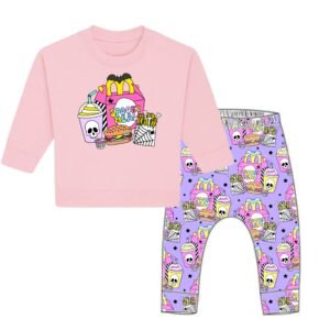 Pink Halloween Baby outfit featuring Spooky Meal print jumper and matching leggings, handmade and nappy-friendly.