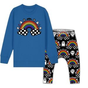 Children's Halloween outfit with black spooky rainbow print leggings and a blue jumper featuring a rainbow and ghost design.