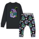 Little Horror Halloween Outfit with spooky juice box print leggings and black jumper featuring matching juice box graphic.